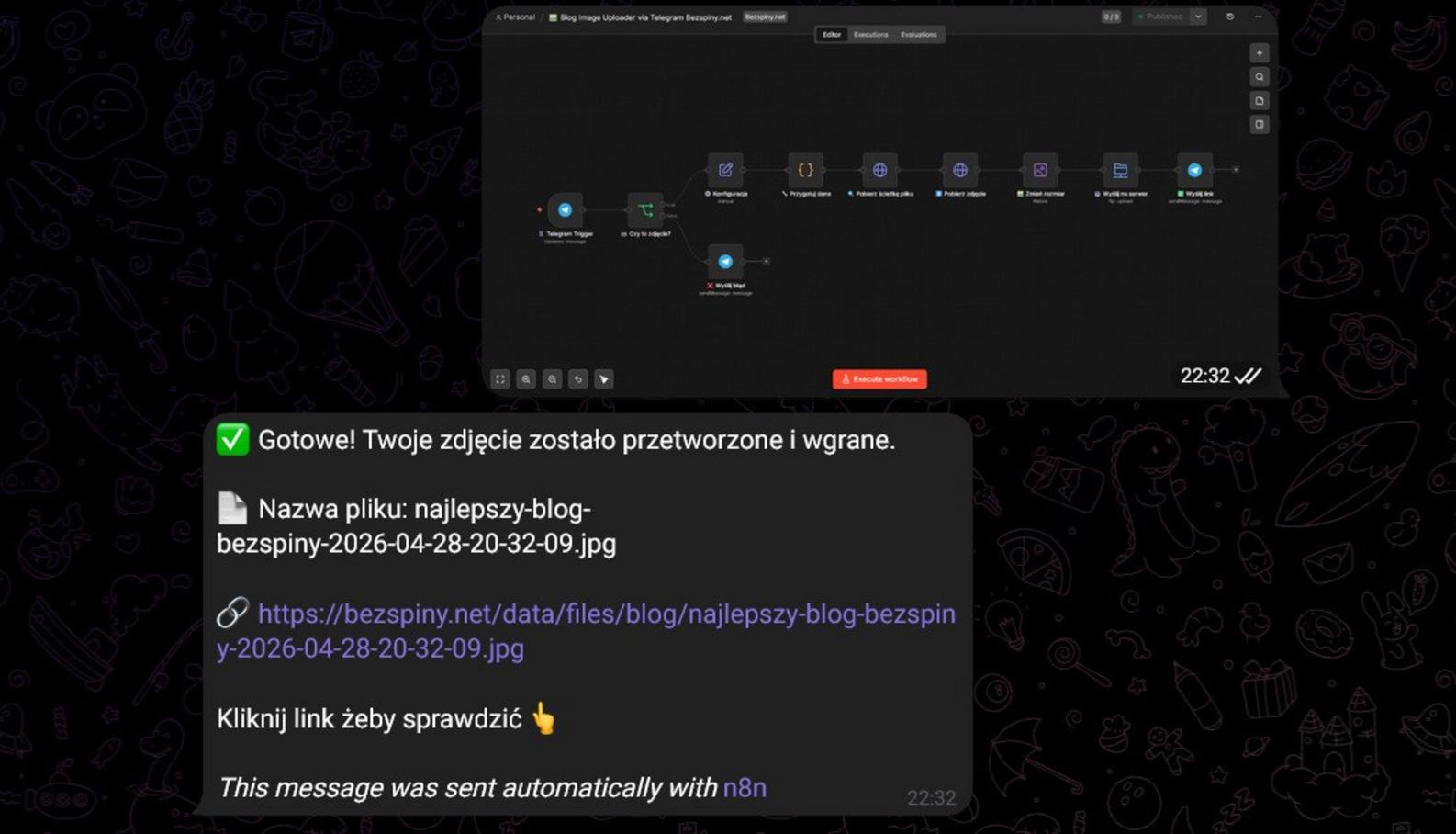 Widok bota na Telegramie przyjmującego zdjęcia do automatycznego uploadu