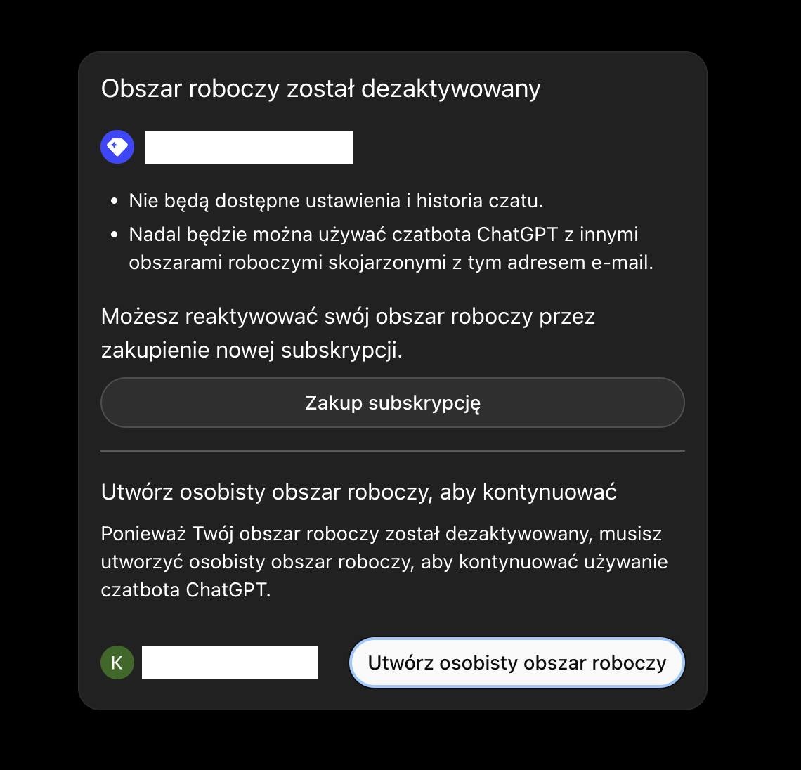 Zrzut ekranu pokazujący dezaktywowane konto ChatGPT Business i zablokowany dostęp do obszar&oacute;w roboczych